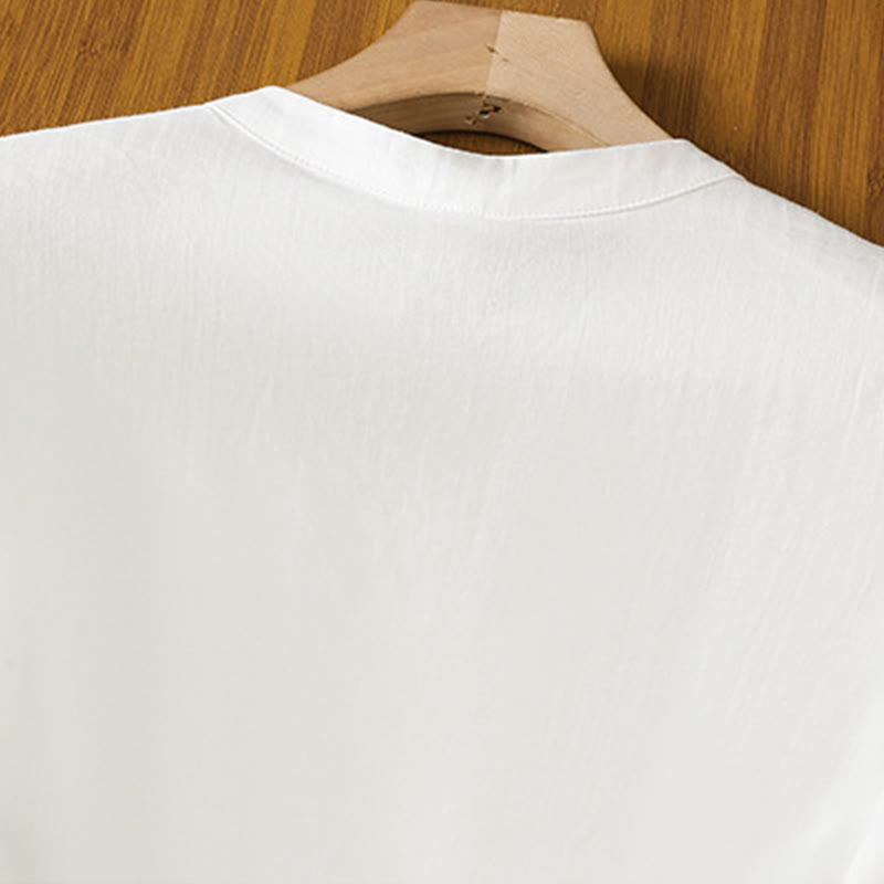 Koszula damska z haftem w kwiaty i liście z Buddha Stones, guziki żaby, okrągły dekolt, półrękaw, bawełna, len