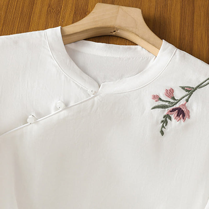 Koszula damska z haftem w kwiaty i liście z Buddha Stones, guziki żaby, okrągły dekolt, półrękaw, bawełna, len - image 15