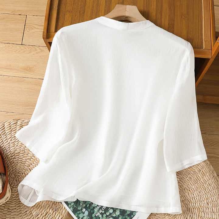 Koszula damska z haftem w kwiaty i liście z Buddha Stones, guziki żaby, okrągły dekolt, półrękaw, bawełna, len