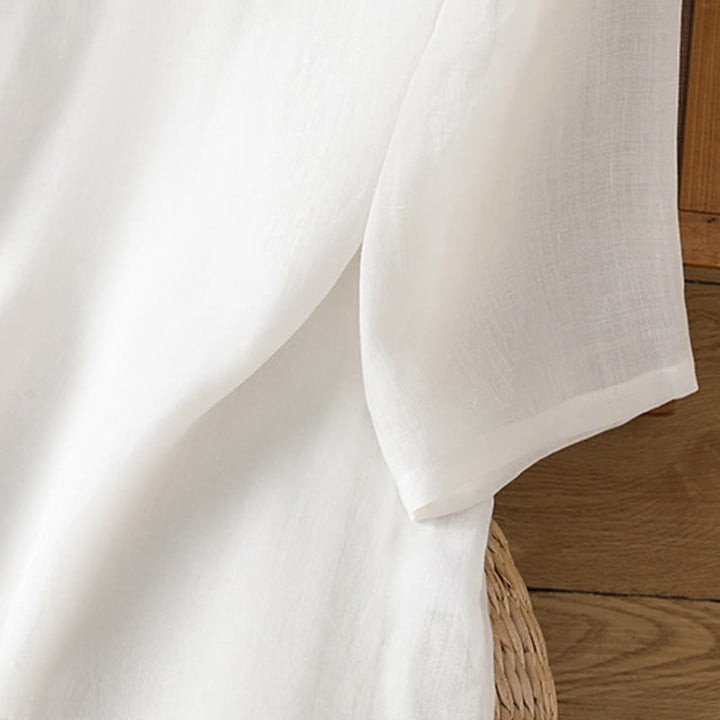 Koszula damska z haftem w kwiaty i liście z Buddha Stones, guziki żaby, okrągły dekolt, półrękaw, bawełna, len - image 18