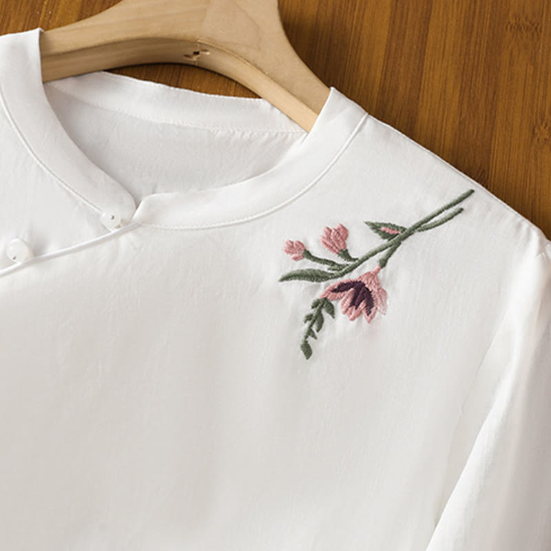 Koszula damska z haftem w kwiaty i liście z Buddha Stones, guziki żaby, okrągły dekolt, półrękaw, bawełna, len