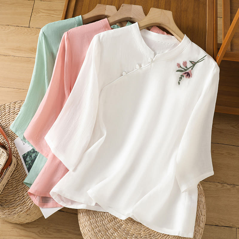 Koszula damska z haftem w kwiaty i liście z Buddha Stones, guziki żaby, okrągły dekolt, półrękaw, bawełna, len