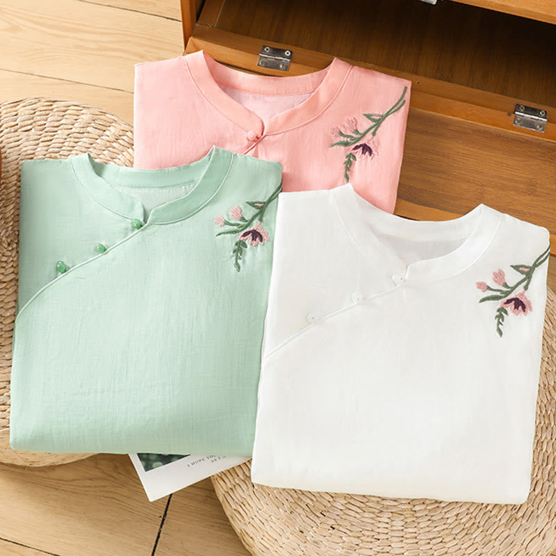 Koszula damska z haftem w kwiaty i liście z Buddha Stones, guziki żaby, okrągły dekolt, półrękaw, bawełna, len