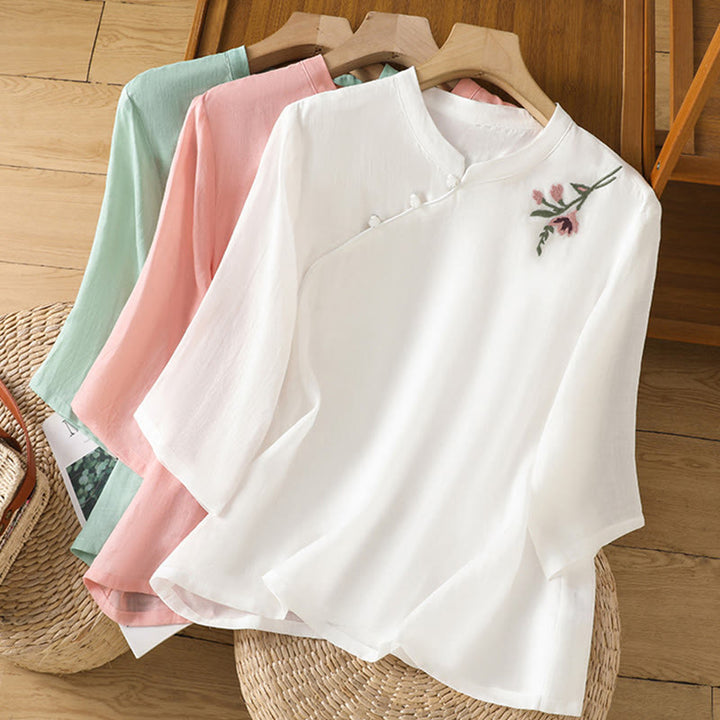 Koszula damska z haftem w kwiaty i liście z Buddha Stones, guziki żaby, okrągły dekolt, półrękaw, bawełna, len - image 19