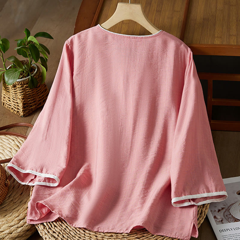 Koszula z bawełny lnianej z haftem w kwiaty w stylu casual dla kobiet zapinana na guziki żaby i kołnierzykiem skośnym - image 19