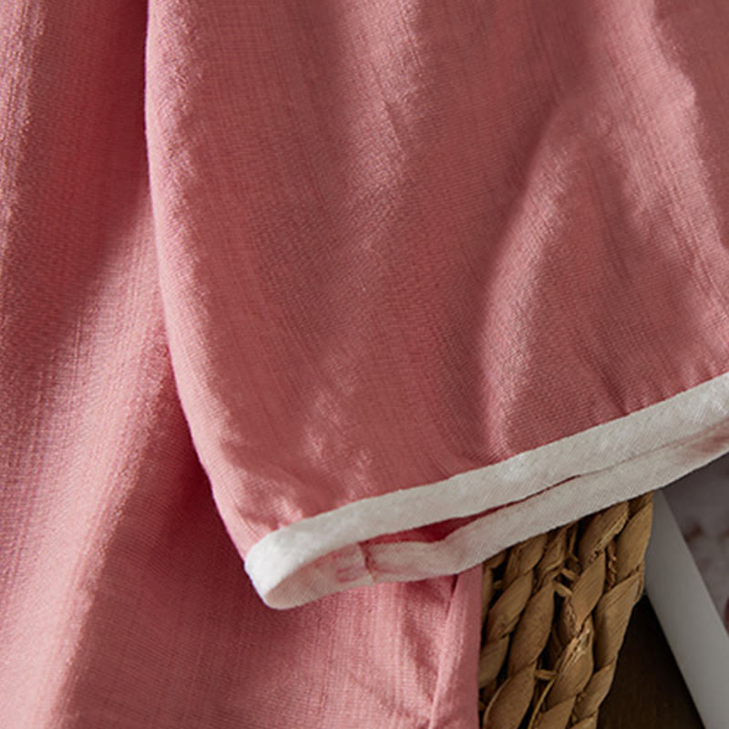 Koszula z bawełny lnianej z haftem w kwiaty w stylu casual dla kobiet zapinana na guziki żaby i kołnierzykiem skośnym - image 22