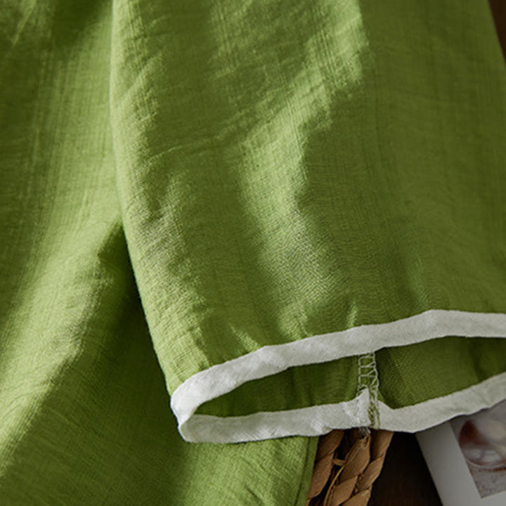 Koszula z bawełny lnianej z haftem w kwiaty w stylu casual dla kobiet zapinana na guziki żaby i kołnierzykiem skośnym - image 28