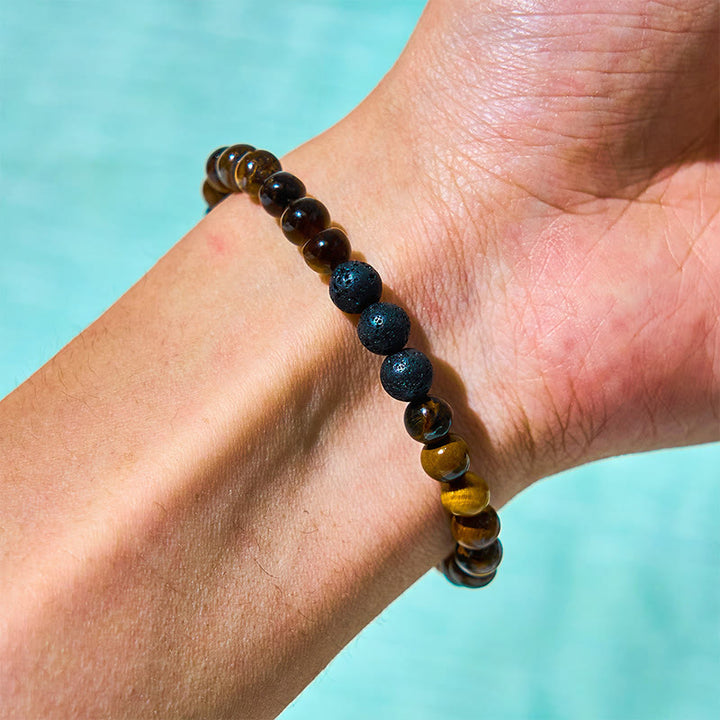Zestaw 3 bransoletek ochronnych z Buddha Stones i kamieniami lawowymi Tiger Eye