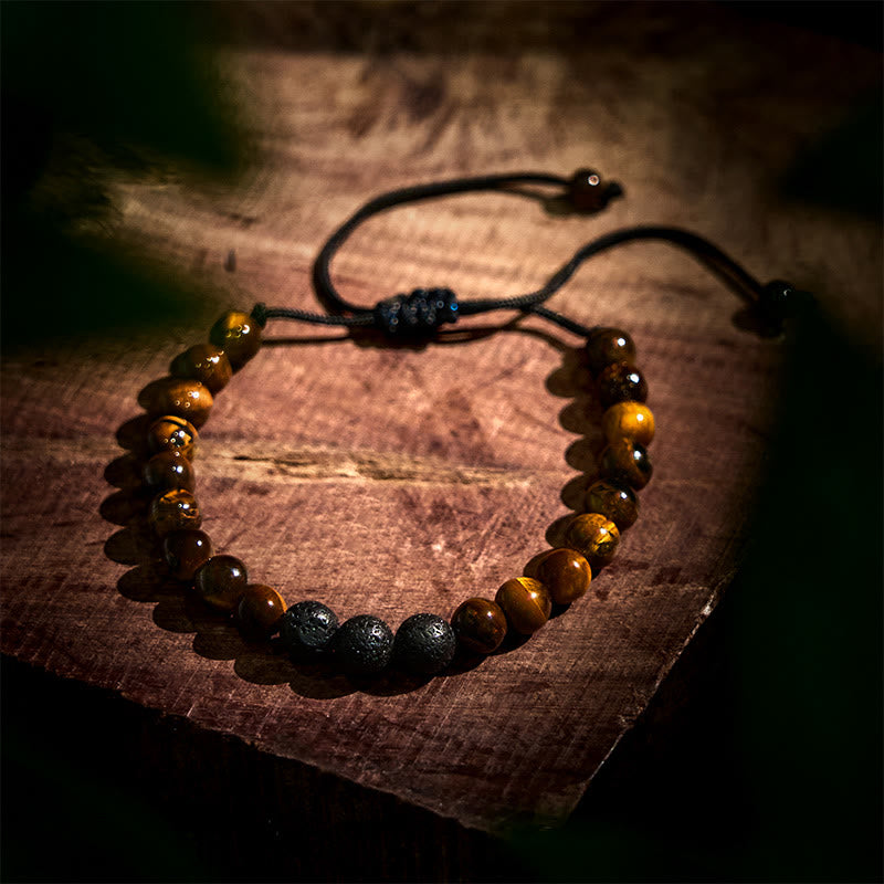 Zestaw 3 bransoletek ochronnych z Buddha Stones i kamieniami lawowymi Tiger Eye