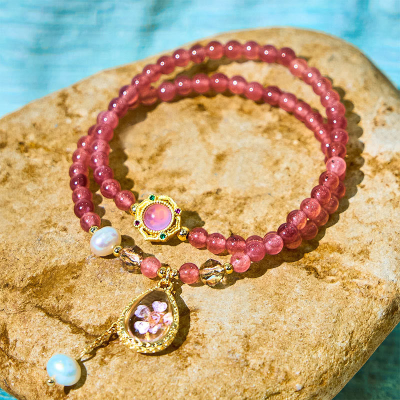 Buddha Stones Naturalne Truskawkowe Kwarcowe Perły Motyl Kropla Wody Pozytywna Podwójna Bransoletka Owijana