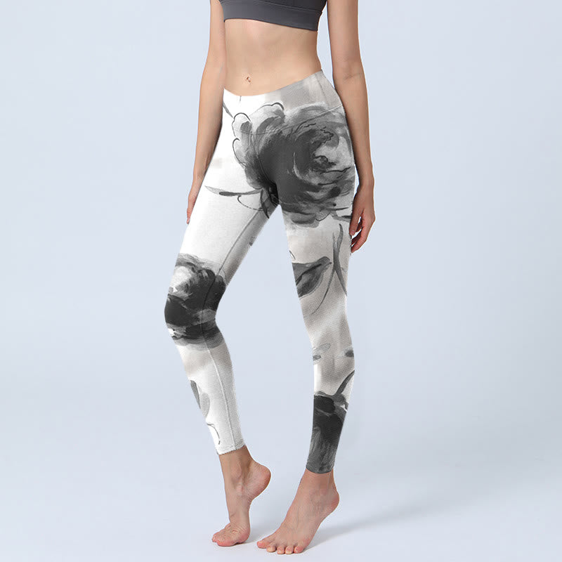 Buddha Stones Akwarela Róża Wzór Nadruk Leginsy Siłownia Damskie Spodnie Do Jogi - Biały - US18, UK/AU22, EU50 (4XL) - image 0