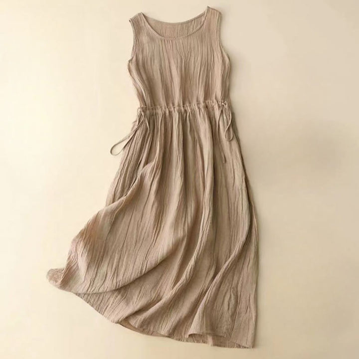 Buddha Stones Casual Plain Handmade Ściągana Talia Midi Sukienka Akrylowa Sukienka Bez Rękawów Z Kieszeniami