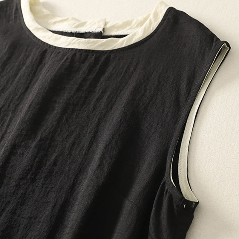 Buddha Stones Casual Szycie Kolor Ręcznie Robione Guziki Projekt Midi Sukienka Poliester Bez Rękawów Sukienka Z Kieszeniami - image 1