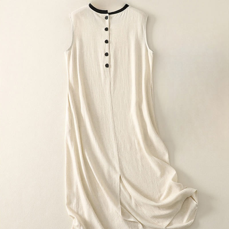 Buddha Stones Casual Szycie Kolor Ręcznie Robione Guziki Projekt Midi Sukienka Poliester Bez Rękawów Sukienka Z Kieszeniami - image 6