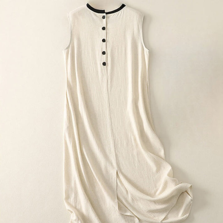 Buddha Stones Casual Szycie Kolor Ręcznie Robione Guziki Projekt Midi Sukienka Poliester Bez Rękawów Sukienka Z Kieszeniami - image 6