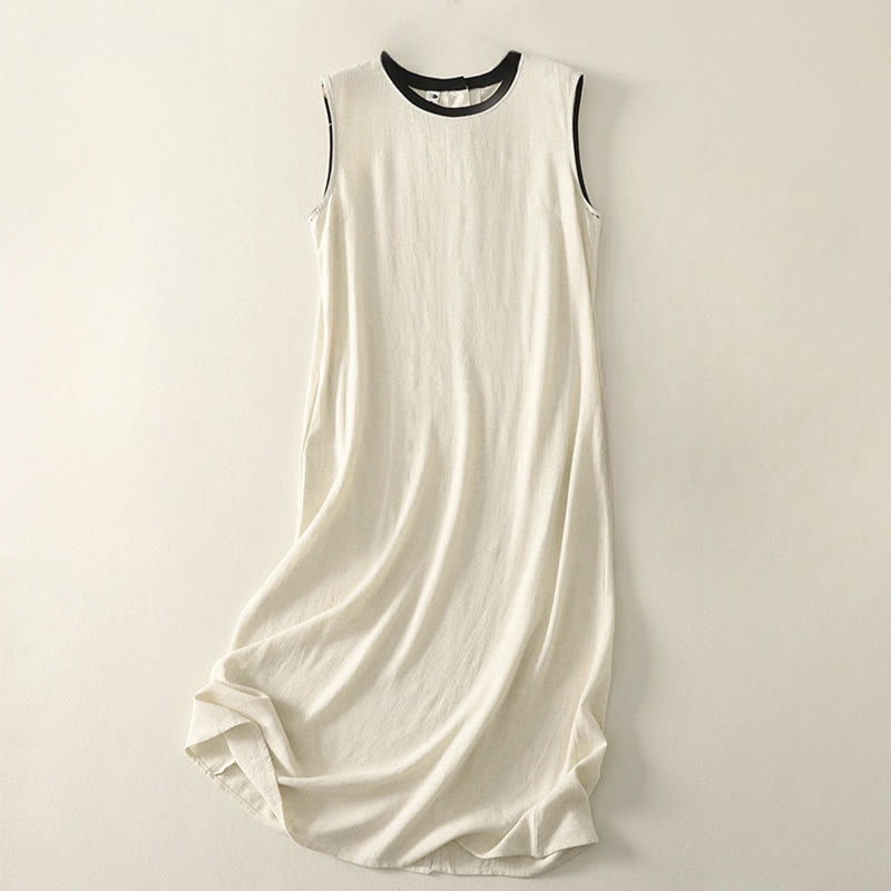 Buddha Stones Casual Szycie Kolor Ręcznie Robione Guziki Projekt Midi Sukienka Poliester Bez Rękawów Sukienka Z Kieszeniami - Beżowy - US8-10，UK/AU12-14，EU40-42 (2XL) - image 5