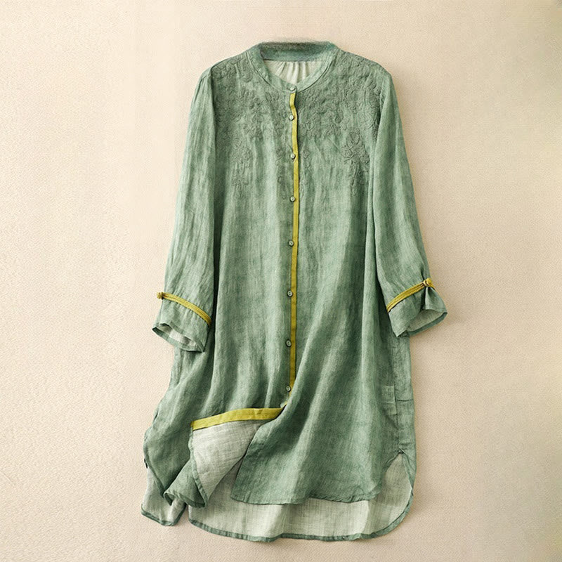 Sukienka midi z haftowanym kołnierzykiem i trzema czwartymi rękawami w stylu Buddha Stones na lato i dorywczo - MediumSeaGreen - US8-10，UK/AU12-14，EU40-42 (2XL) - image 0