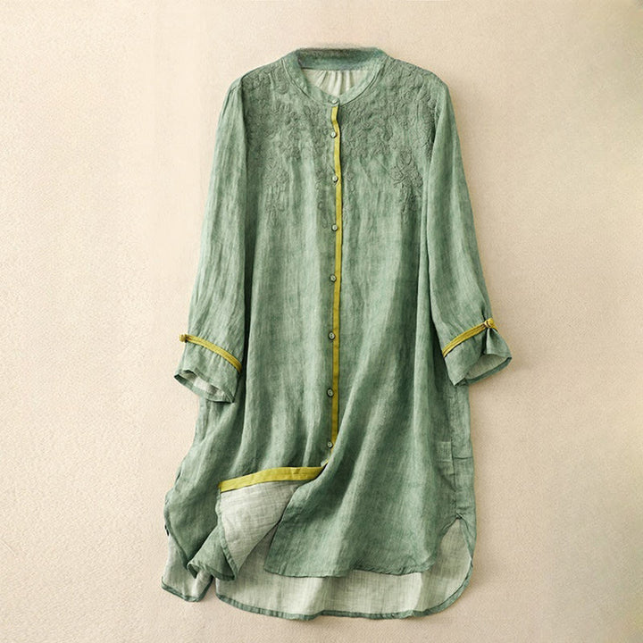 Sukienka midi z haftowanym kołnierzykiem i trzema czwartymi rękawami w stylu Buddha Stones na lato i dorywczo - MediumSeaGreen - US8-10，UK/AU12-14，EU40-42 (2XL) - image 0