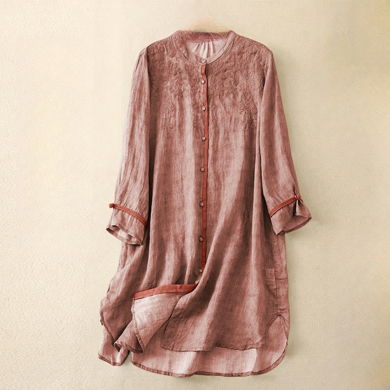 Sukienka midi z akrylu z haftowanym kołnierzykiem i trzema czwartymi rękawami w kolorze Buddha Stones - LightCoral - US8-10，UK/AU12-14，EU40-42 (2XL) - image 6