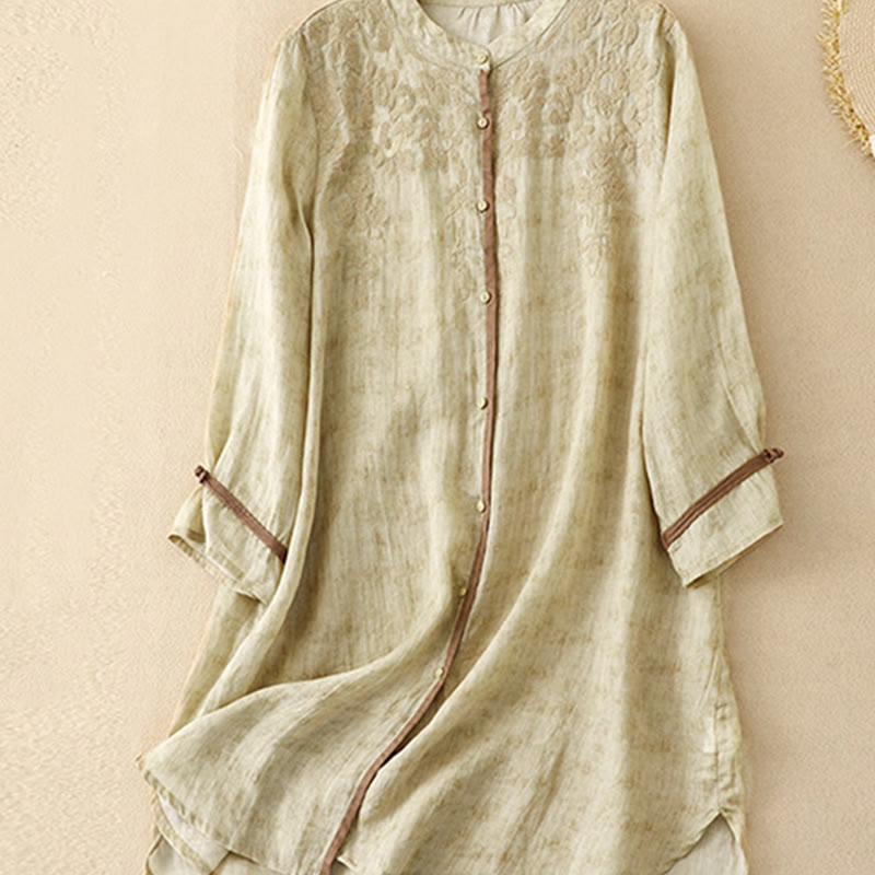 Sukienka midi z akrylu z haftowanym kołnierzykiem i trzema czwartymi rękawami w kolorze Buddha Stones - image 9