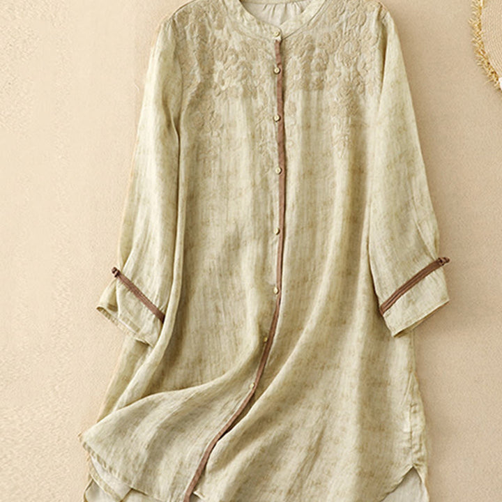 Sukienka midi z akrylu z haftowanym kołnierzykiem i trzema czwartymi rękawami w kolorze Buddha Stones - image 9