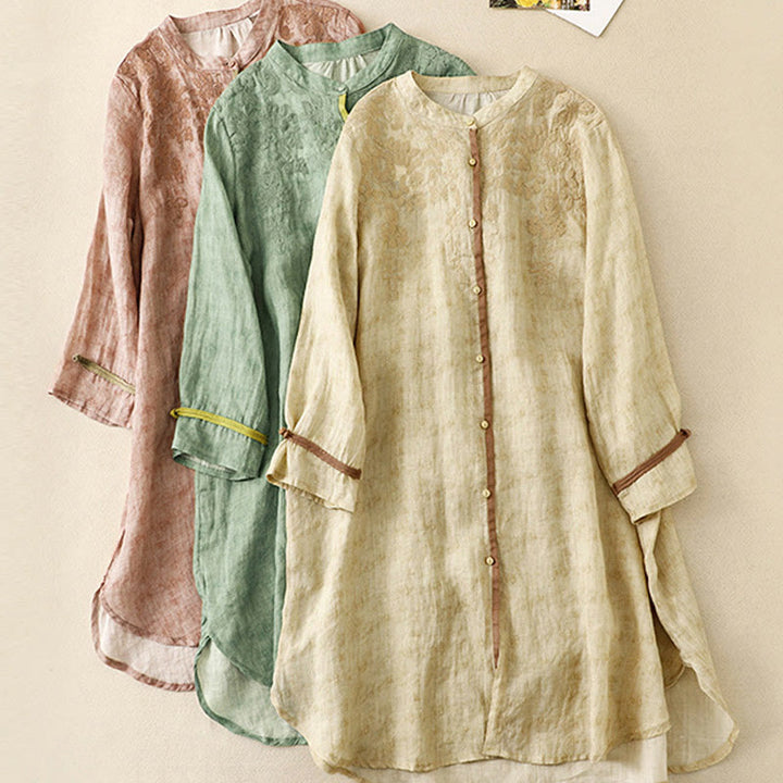 Sukienka midi z akrylu z haftowanym kołnierzykiem i trzema czwartymi rękawami w kolorze Buddha Stones - image 23