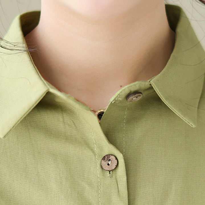 Buddha Stones Letnia swobodna prosta guziki kołnierzyk stojący projekt rękaw trzy czwarte akrylowy kardigan sukienka midi z kieszeniami - image 6