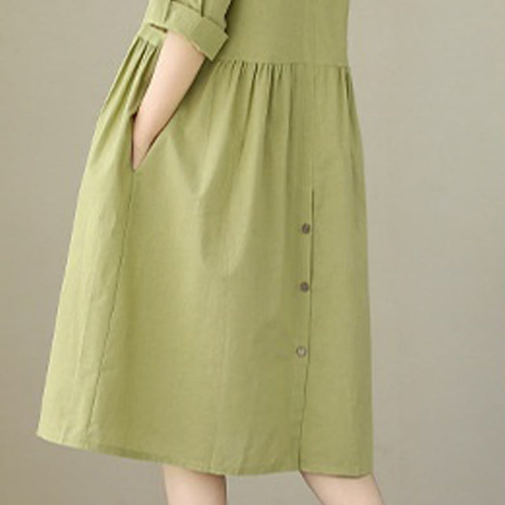 Buddha Stones Letnia swobodna prosta guziki kołnierzyk stojący projekt rękaw trzy czwarte akrylowy kardigan sukienka midi z kieszeniami - image 5