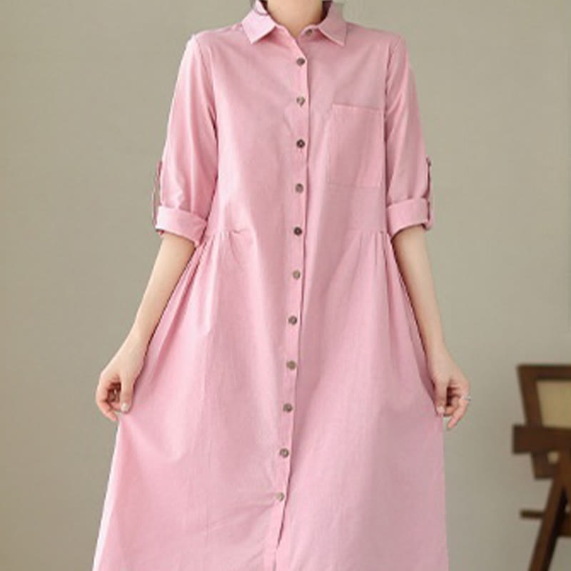 Buddha Stones Letnia swobodna prosta guziki kołnierzyk stojący projekt rękaw trzy czwarte akrylowy kardigan sukienka midi z kieszeniami - image 14