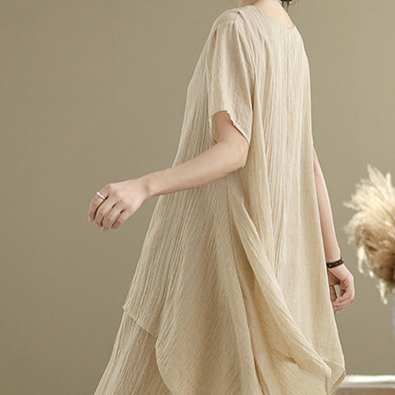 Sukienka midi z podwójnymi warstwami i okrągłym dekoltem z krótkim rękawem, wykonana z mieszanki bawełny i lnu, z Buddha Stones na lato - image 4