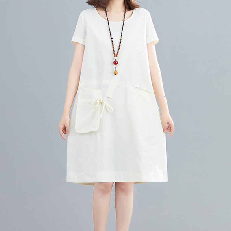 Sukienka midi Buddha Stones Summer Casual Plain Lace-Up Design z okrągłym dekoltem i krótkim rękawem z bawełny i lnu z kieszeniami - image 2