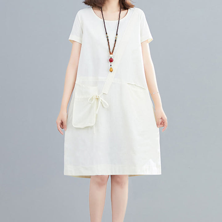 Sukienka midi Buddha Stones Summer Casual Plain Lace-Up Design z okrągłym dekoltem i krótkim rękawem z bawełny i lnu z kieszeniami - image 2