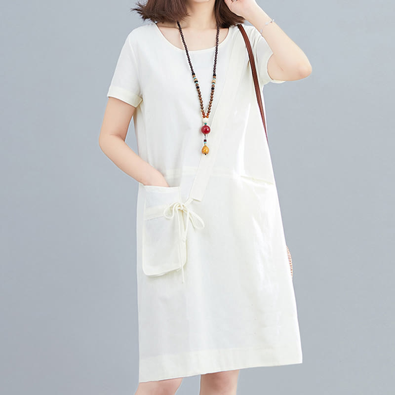 Sukienka midi Buddha Stones Summer Casual Plain Lace-Up Design z okrągłym dekoltem i krótkim rękawem z bawełny i lnu z kieszeniami - image 1