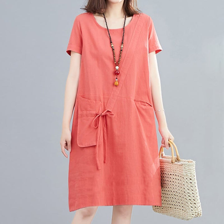Sukienka midi Buddha Stones Summer Casual Plain Lace-Up Design z okrągłym dekoltem i krótkim rękawem z bawełny i lnu z kieszeniami - LightCoral - US8-10，UK/AU12-14，EU40-42 (2XL) - image 5
