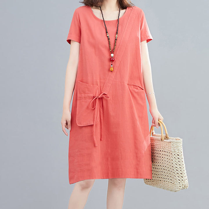 Sukienka midi Buddha Stones Summer Casual Plain Lace-Up Design z okrągłym dekoltem i krótkim rękawem z bawełny i lnu z kieszeniami - image 8