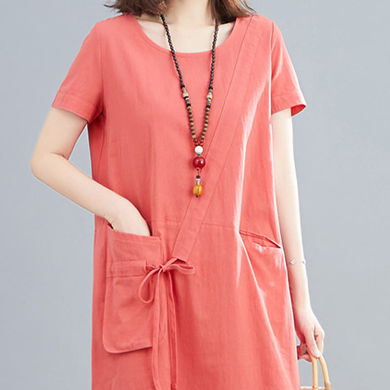 Sukienka midi Buddha Stones Summer Casual Plain Lace-Up Design z okrągłym dekoltem i krótkim rękawem z bawełny i lnu z kieszeniami - image 6