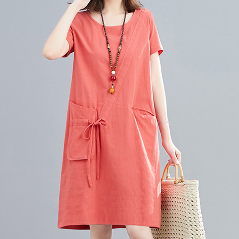 Sukienka midi Buddha Stones Summer Casual Plain Lace-Up Design z okrągłym dekoltem i krótkim rękawem z bawełny i lnu z kieszeniami - image 7