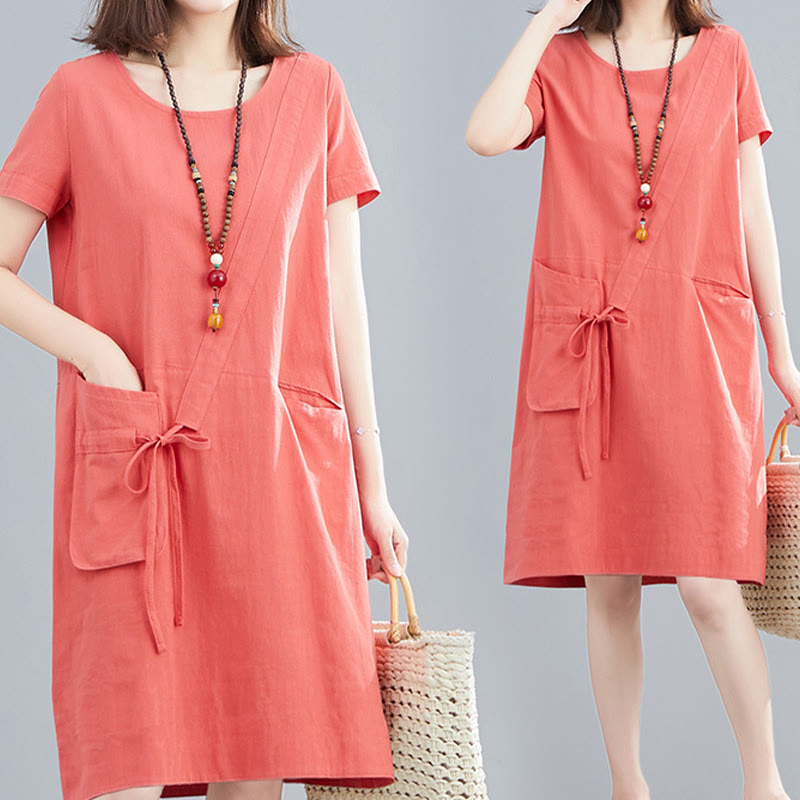 Sukienka midi Buddha Stones Summer Casual Plain Lace-Up Design z okrągłym dekoltem i krótkim rękawem z bawełny i lnu z kieszeniami - image 10