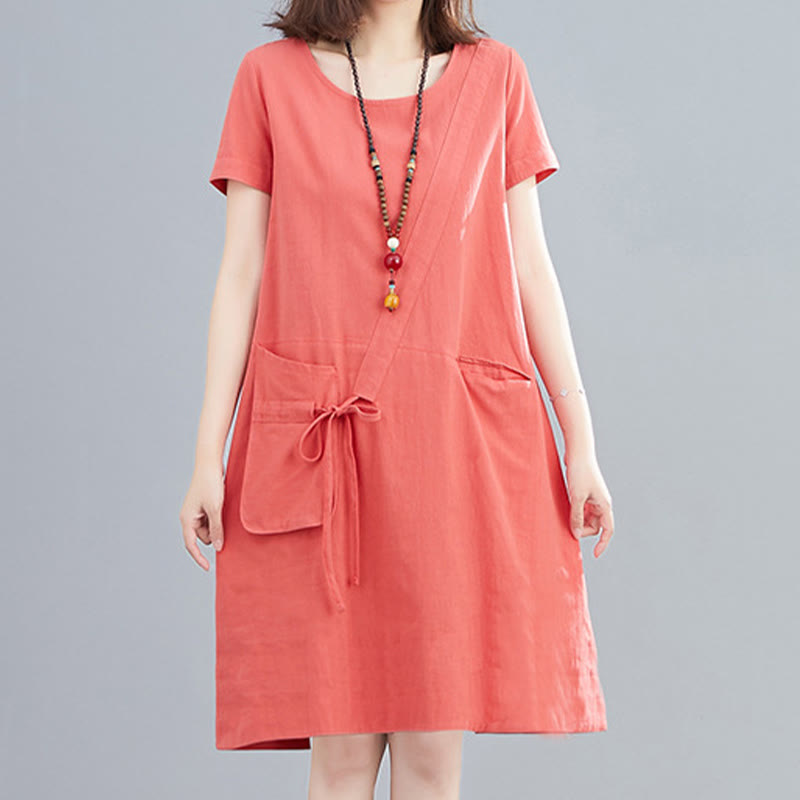 Sukienka midi Buddha Stones Summer Casual Plain Lace-Up Design z okrągłym dekoltem i krótkim rękawem z bawełny i lnu z kieszeniami - image 9