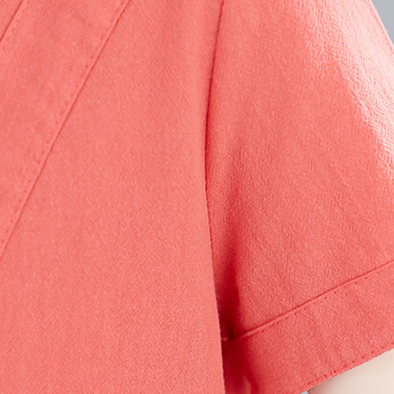 Sukienka midi Buddha Stones Summer Casual Plain Lace-Up Design z okrągłym dekoltem i krótkim rękawem z bawełny i lnu z kieszeniami - image 15