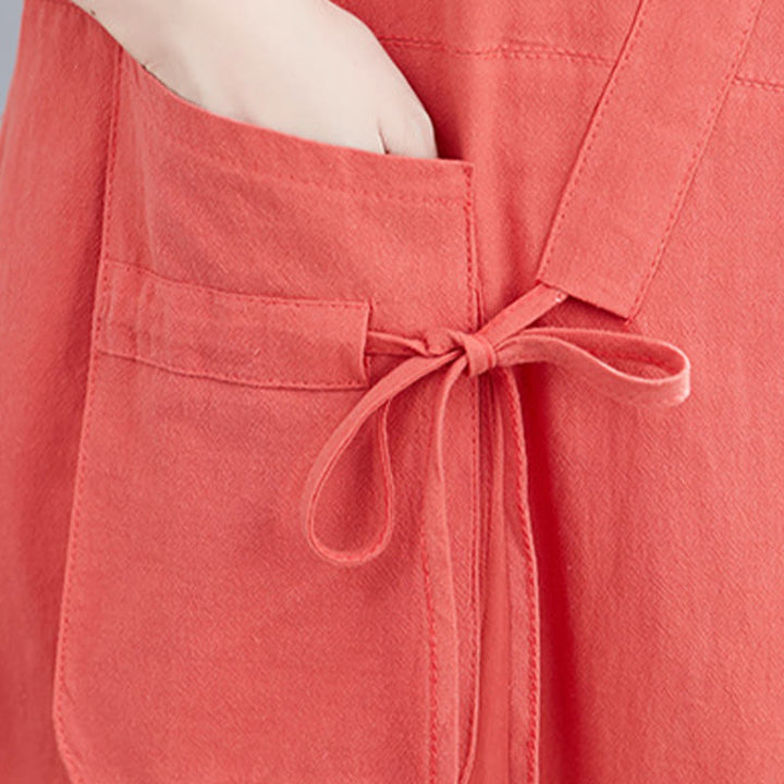 Sukienka midi Buddha Stones Summer Casual Plain Lace-Up Design z okrągłym dekoltem i krótkim rękawem z bawełny i lnu z kieszeniami - image 14