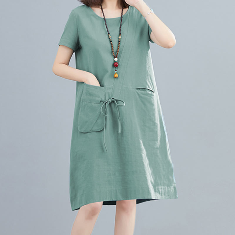 Sukienka midi Buddha Stones Summer Casual Plain Lace-Up Design z okrągłym dekoltem i krótkim rękawem z bawełny i lnu z kieszeniami - image 18