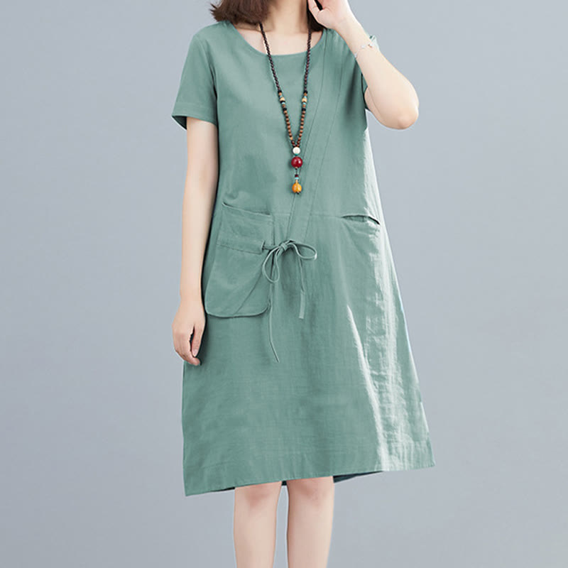 Sukienka midi Buddha Stones Summer Casual Plain Lace-Up Design z okrągłym dekoltem i krótkim rękawem z bawełny i lnu z kieszeniami - ŚredniaAkwamaryna - US8-10，UK/AU12-14，EU40-42 (2XL) - image 16
