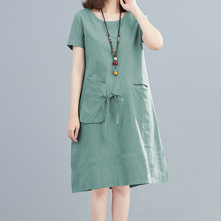Sukienka midi Buddha Stones Summer Casual Plain Lace-Up Design z okrągłym dekoltem i krótkim rękawem z bawełny i lnu z kieszeniami - ŚredniaAkwamaryna - US8-10，UK/AU12-14，EU40-42 (2XL) - image 16