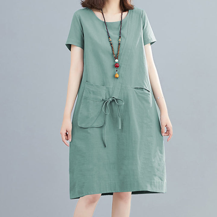 Sukienka midi Buddha Stones Summer Casual Plain Lace-Up Design z okrągłym dekoltem i krótkim rękawem z bawełny i lnu z kieszeniami - image 17