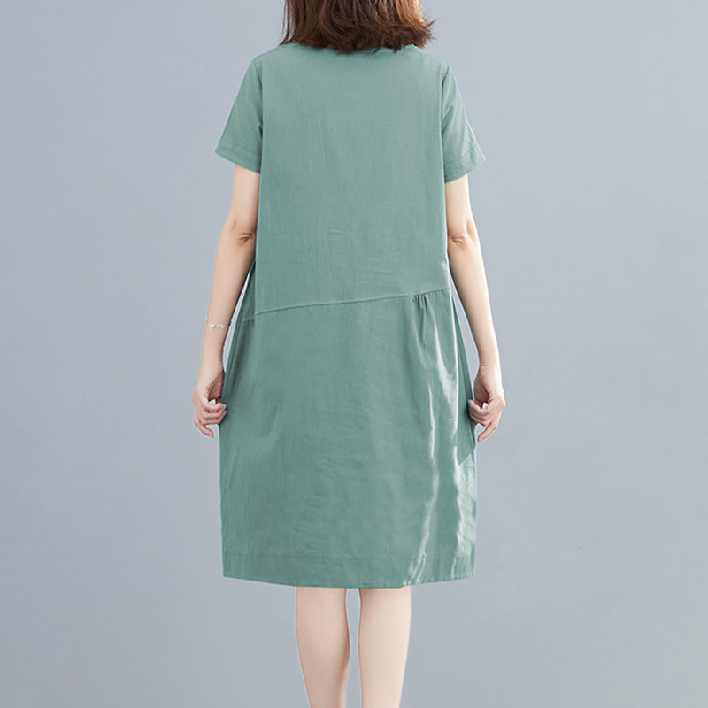 Sukienka midi Buddha Stones Summer Casual Plain Lace-Up Design z okrągłym dekoltem i krótkim rękawem z bawełny i lnu z kieszeniami - image 19