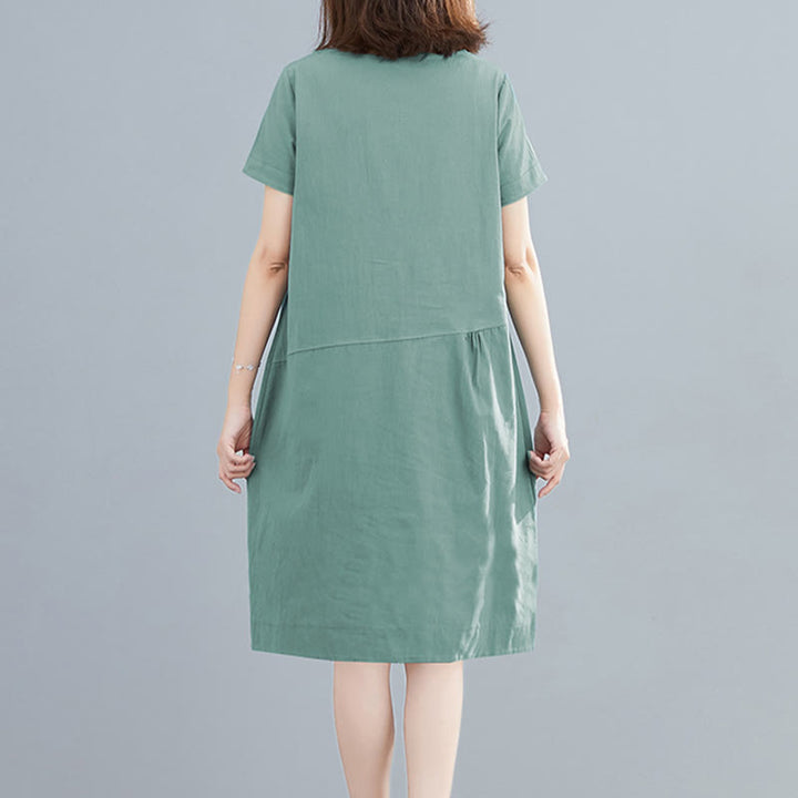 Sukienka midi Buddha Stones Summer Casual Plain Lace-Up Design z okrągłym dekoltem i krótkim rękawem z bawełny i lnu z kieszeniami - image 19