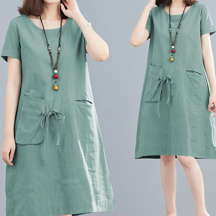 Sukienka midi Buddha Stones Summer Casual Plain Lace-Up Design z okrągłym dekoltem i krótkim rękawem z bawełny i lnu z kieszeniami - image 20