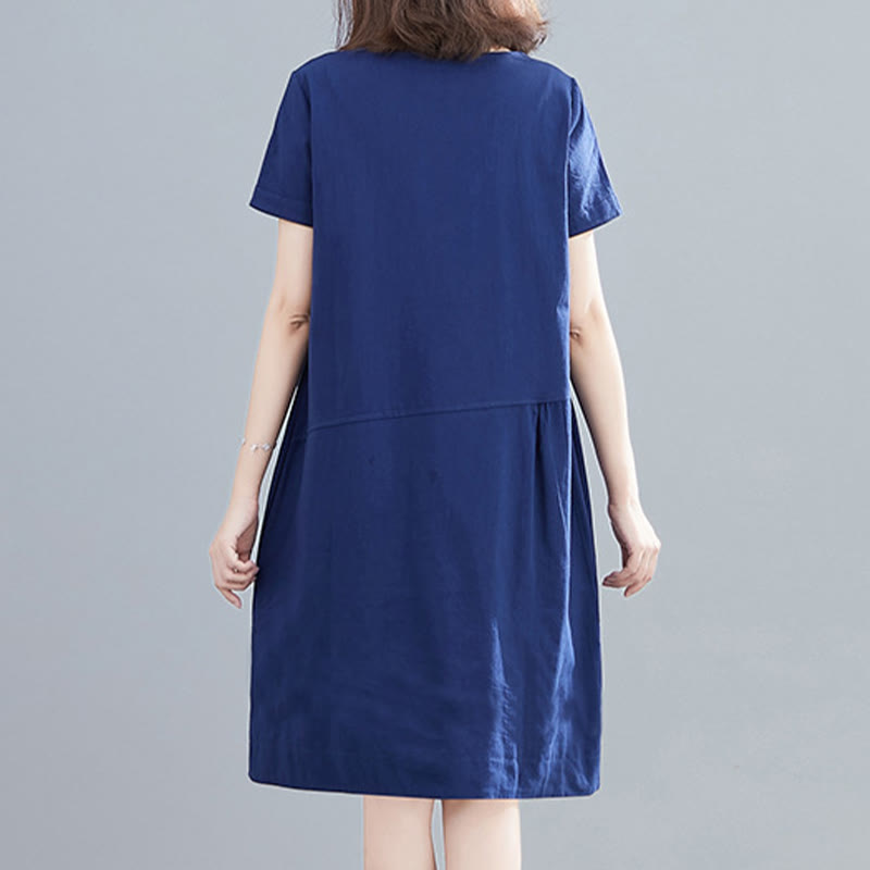 Sukienka midi Buddha Stones Summer Casual Plain Lace-Up Design z okrągłym dekoltem i krótkim rękawem z bawełny i lnu z kieszeniami - image 24