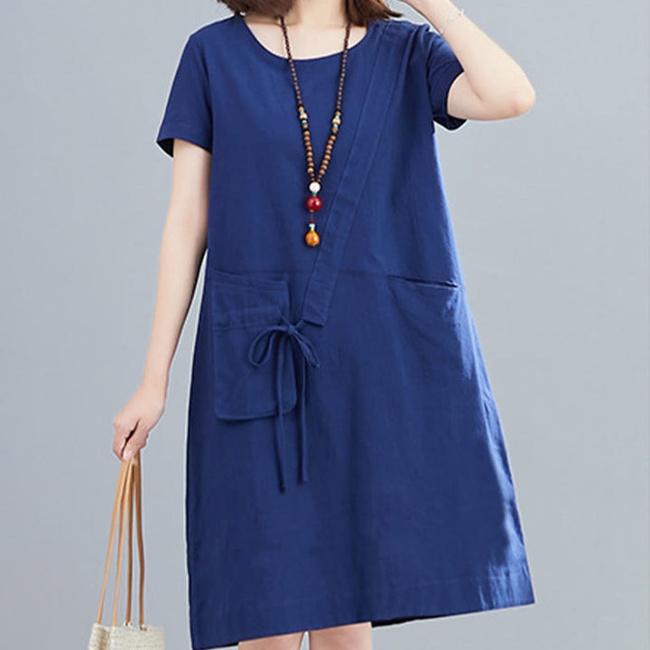 Sukienka midi Buddha Stones Summer Casual Plain Lace-Up Design z okrągłym dekoltem i krótkim rękawem z bawełny i lnu z kieszeniami - image 22